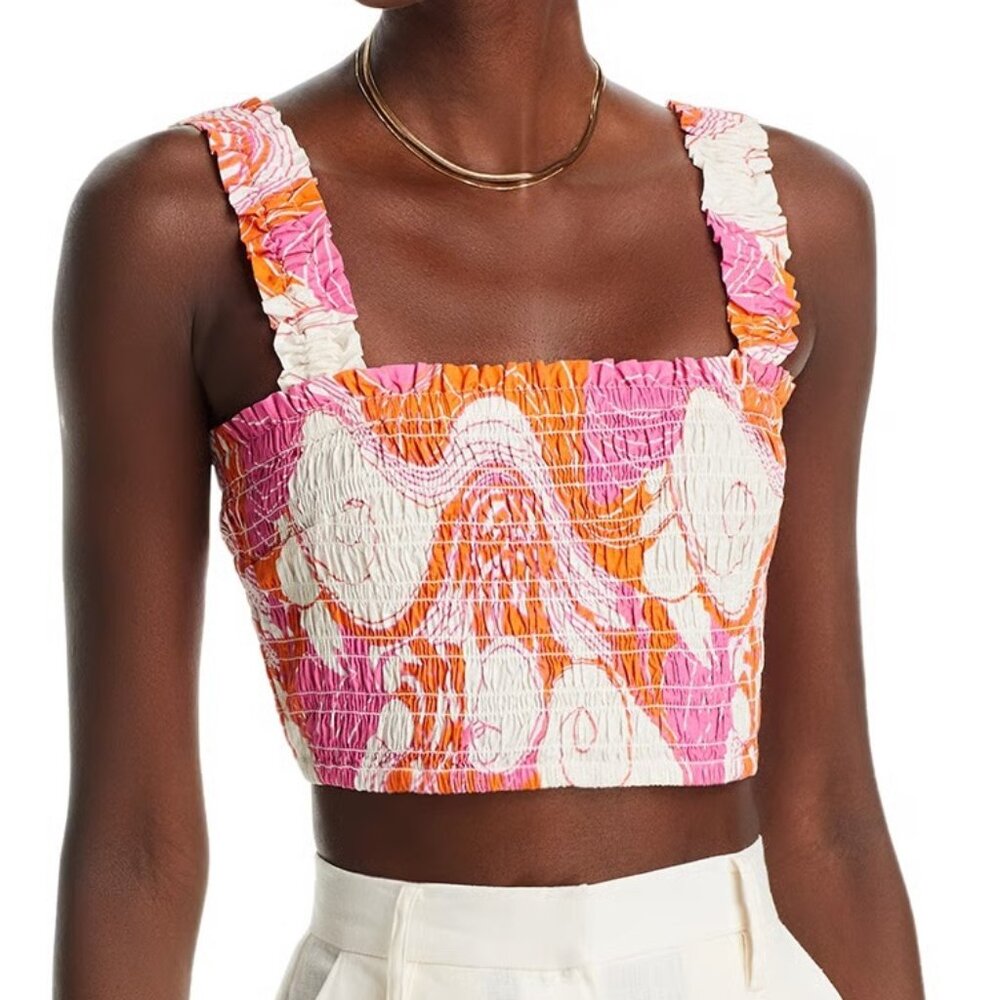 NWT RHODE TANYA PINK SMOCKED TUBE STYLE TOP IN PINK DECO SURF PRINT